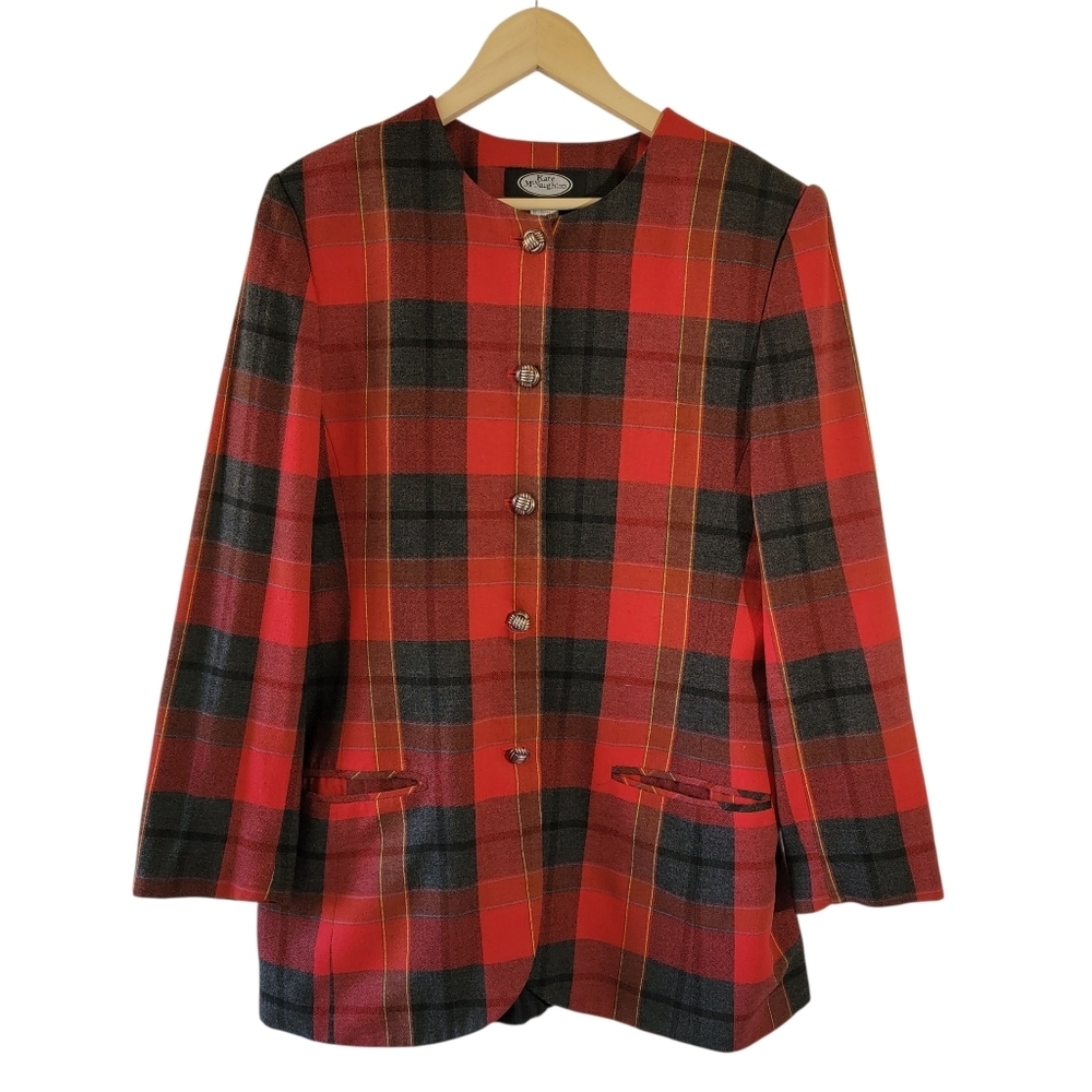 VTG Kate McNaughton Black Red Plaid Blazer Sz 14 Pocket Career Office Holidays